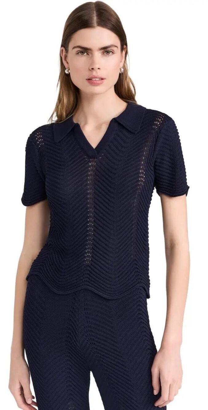 English Factory Scallop Detail Crochet Knit Collared Navy Polo Top Size XS